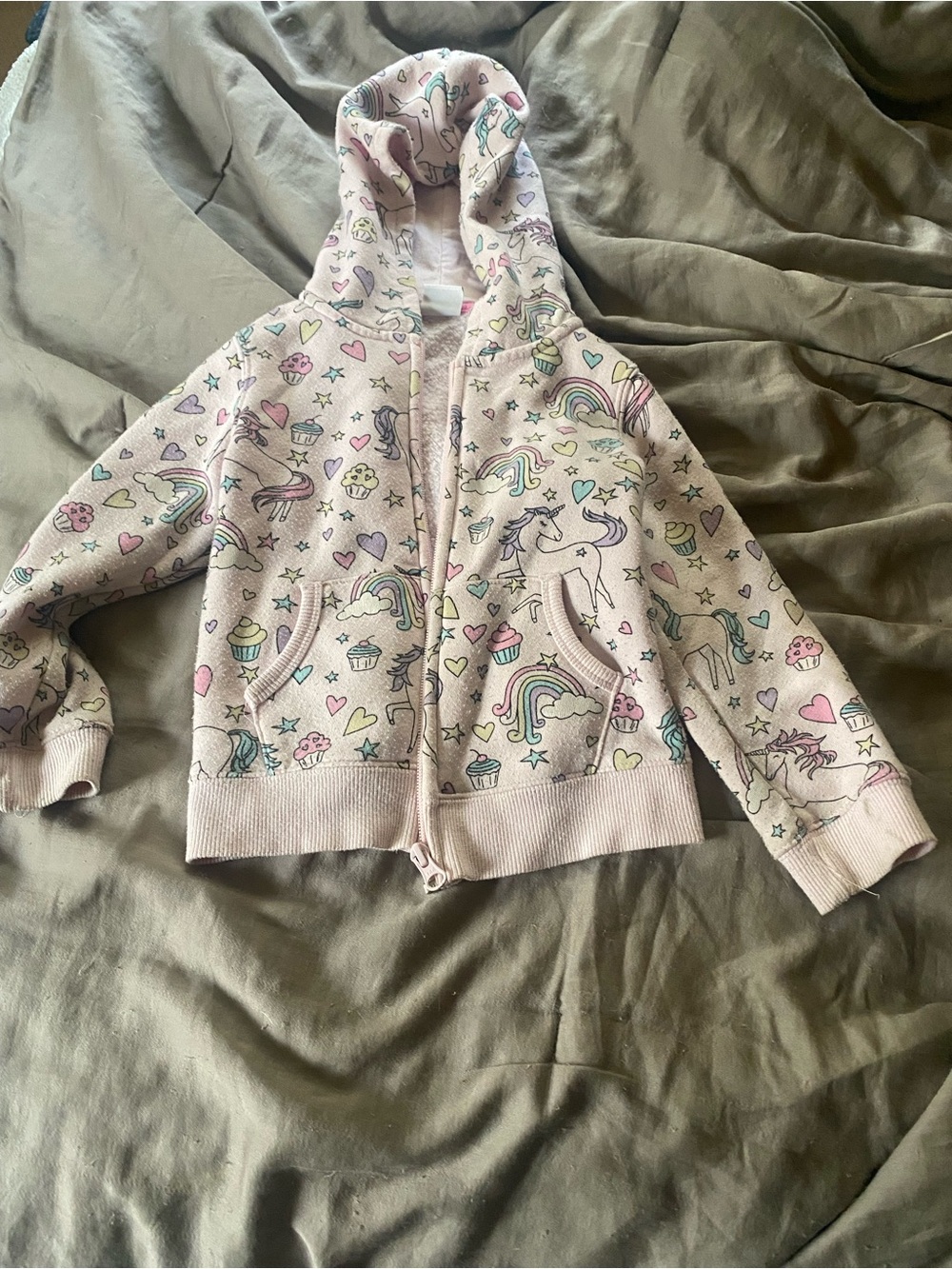 Girls' Light Pink Unicorn Print Zip-Up Hoodie